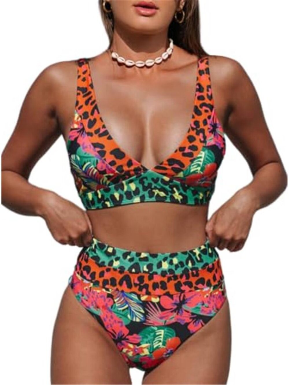 Womens High Waisted Bikini Set Two Piece Deep V Neck Padded Leopard Swimwear